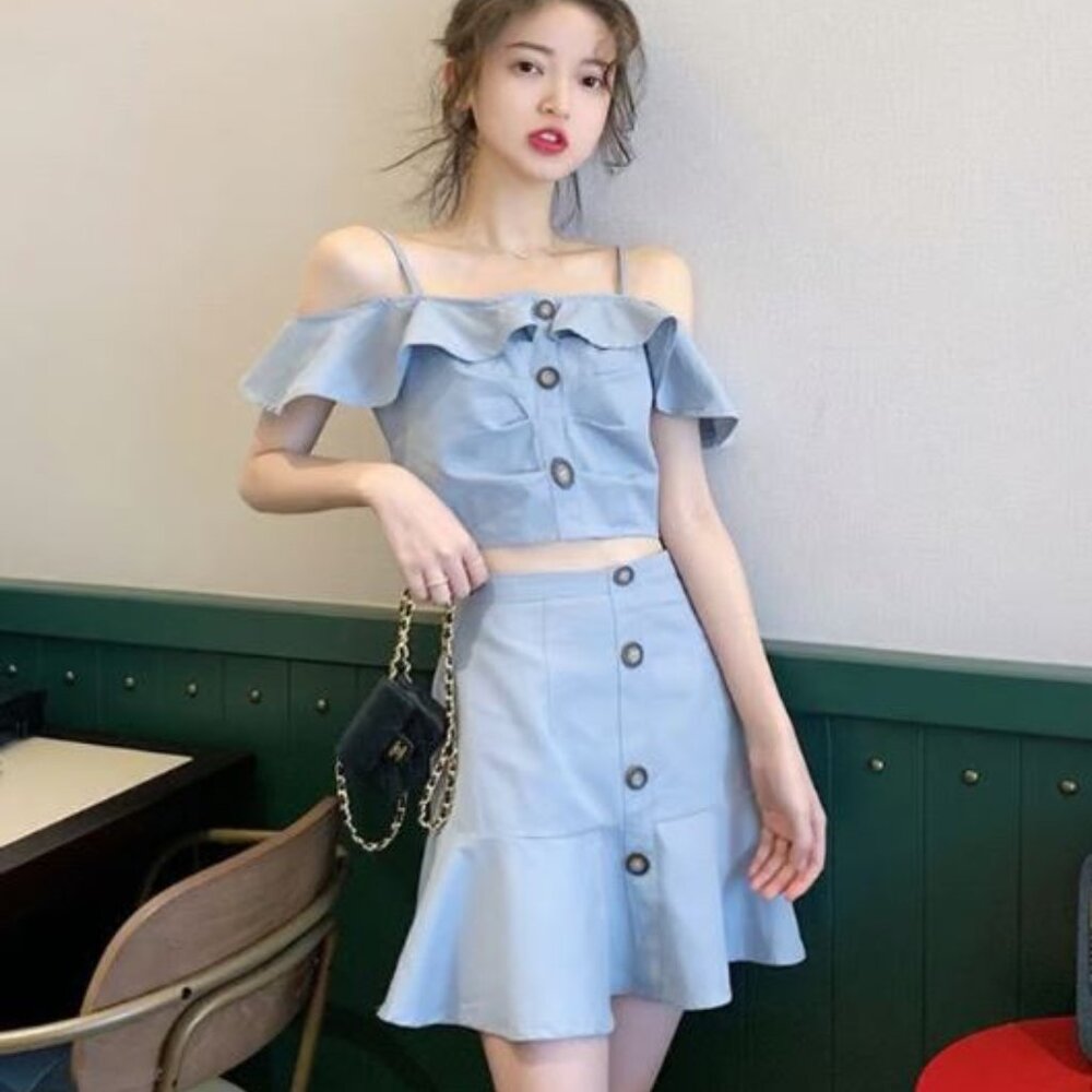 Korean style 2pcs off shoulder skirt set